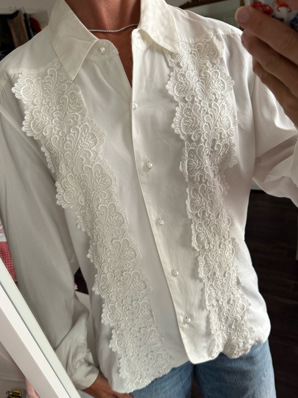 Vintage Liz Claiborne Lace Panel Poet Sleeve Pearl Button Rayon Blouse 10